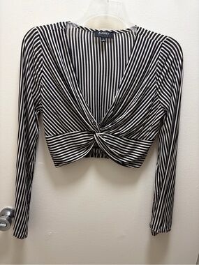 Audrey 3+1 Black and White Striped Twist-Front Long Sleeve Crop Top
